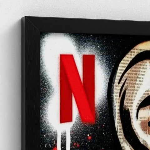 Red netflix logo spray-painted on black background with white splatter on a framed canvas called stencil state of mind