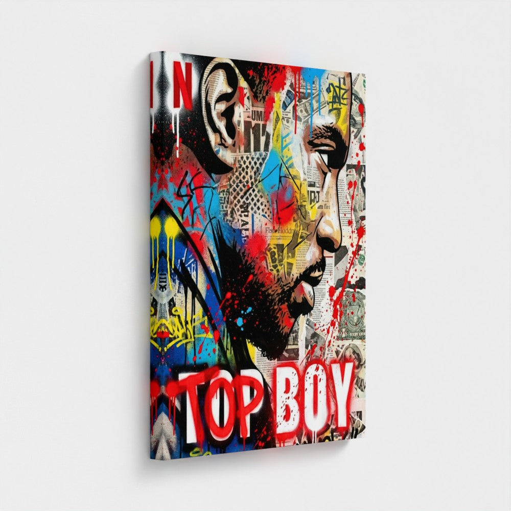 Vibrant stencil state of mind framed canvas with bold red blue and yellow graffiti over layered newspaper clippings