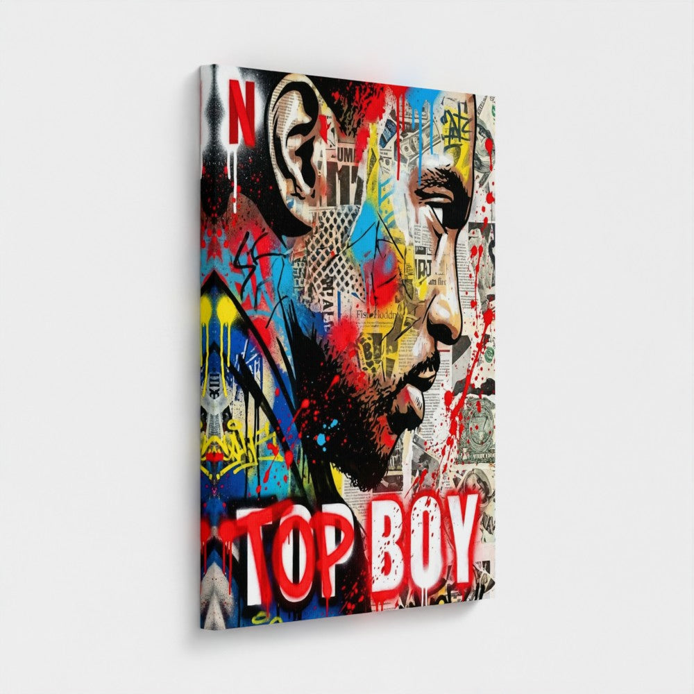 Framed canvas print stencil state of mind with vibrant red blue yellow graffiti splatters over newspaper clippings