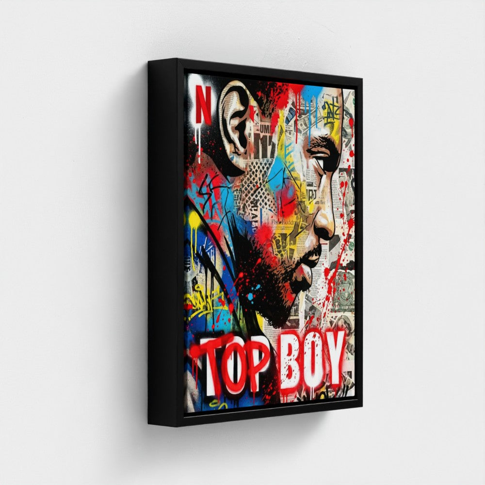 A vibrant framed canvas print titled stencil state of mind featuring a red and blue graffiti portrait with top boy text