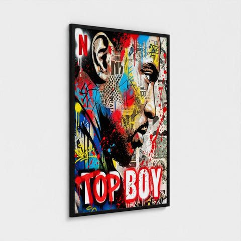 A vibrant framed print featuring stencil state of mind graffiti art with bold red blue and black splashes on newspaper clippings