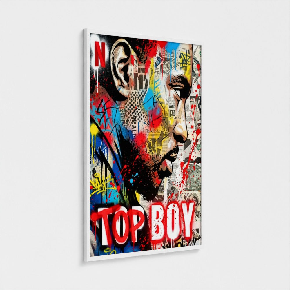 Stencil state of mind framed canvas featuring a vibrant red and black top boy portrait with graffiti style and newspaper background
