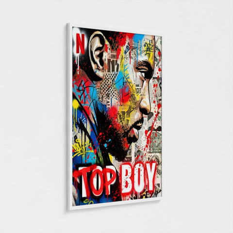 Stencil state of mind framed canvas featuring a vibrant red and black top boy portrait with graffiti style and newspaper background