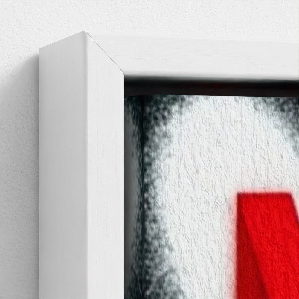 White framed canvas art featuring a bold red graphic on textured gray and white background framed print called stencil state of mind