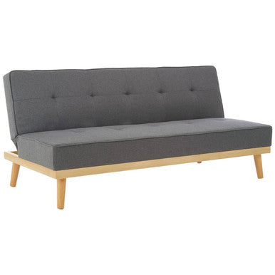 Stockholm 3 seat grey sofa bed with grey upholstered fabric and light wood legs featuring a tufted backrest