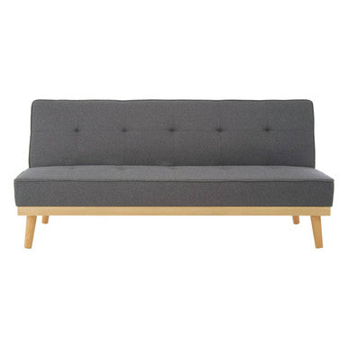 Stockholm 3 seat grey sofa bed with grey upholstered fabric, tufted backrest, and wooden legs for comfy seating