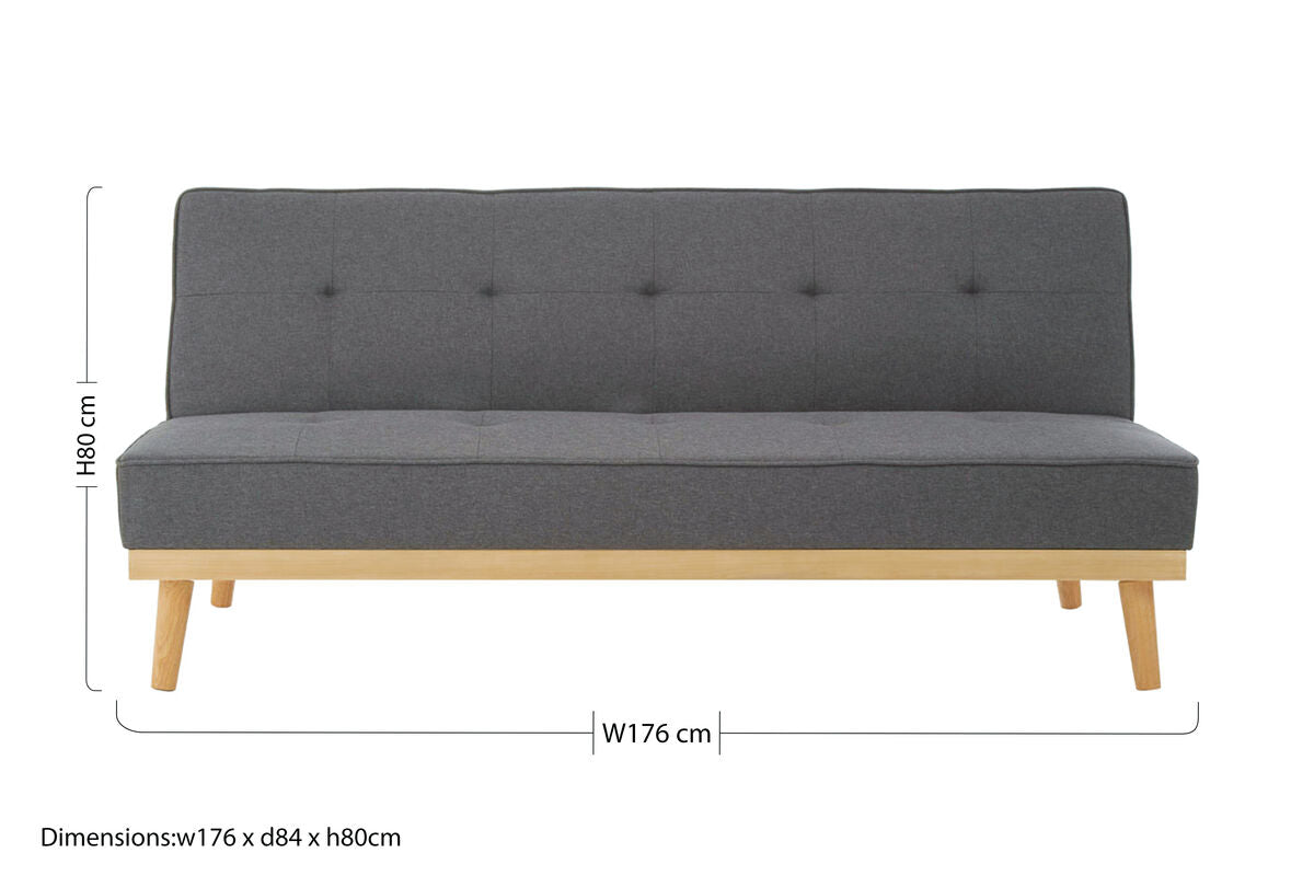 Stockholm 3 seat grey sofa bed with grey upholstered fabric, wooden legs, and tufted backrest as a grey sofa bed