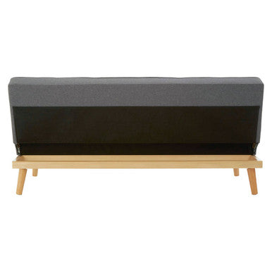 Modern grey sofa bed with black upholstered cushions and light wood legs perfect for stylish living spaces