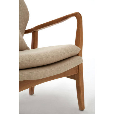 Beige upholstered stockholm beige chair with light wood frame and curved legs perfect for cozy seating
