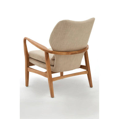 Beige upholstered stockholm beige chair with light wood frame and curved design perfect for cozy seating