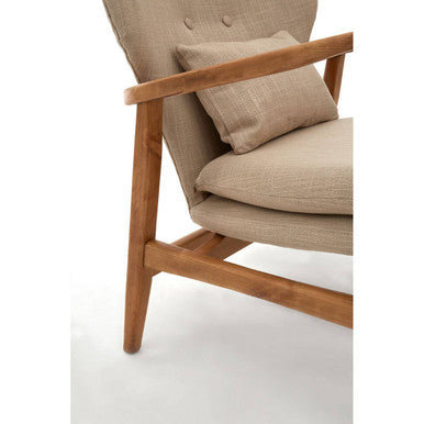 Beige upholstered stockholm beige chair with wooden frame and matching cushion for cozy seating