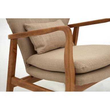 Beige upholstered stockholm beige chair with light wood frame and matching cushion for cozy seating