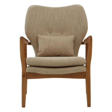 Beige upholstered stockholm beige chair with wooden frame and matching cushion for cozy seating