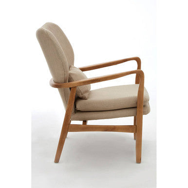 Beige upholstered stockholm beige chair with light wood frame and curved arms perfect for cozy seating
