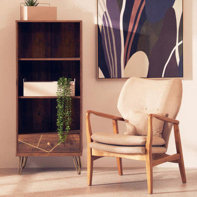 Beige upholstered stockholm beige chair with wooden frame and slender metal legs perfect for living rooms