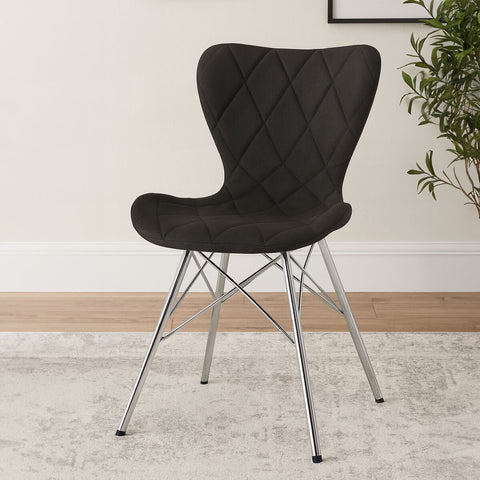 Stockholm black dining chair with black quilted velvet upholstery and chrome metal legs for stylish dining rooms
