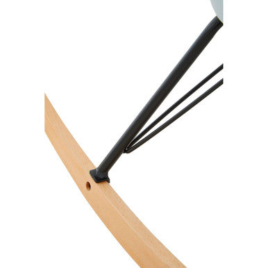 Black metal legs attached to a light wood frame on a stockholm blue velvet rocking chair with velvet rocking style