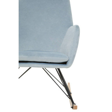 Stockholm blue velvet rocking chair with light blue velvet upholstery and black metal legs with wooden foot caps