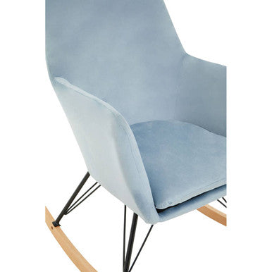 Stockholm blue velvet rocking chair with light blue velvet upholstery black metal legs and wooden rockers