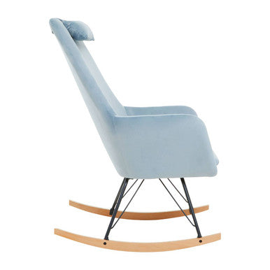 Stockholm blue velvet rocking chair with soft light blue velvet fabric black metal legs and wooden rockers