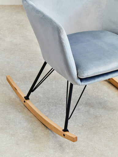 Stockholm blue velvet rocking chair with light blue velvet fabric black metal legs and wooden rocker base