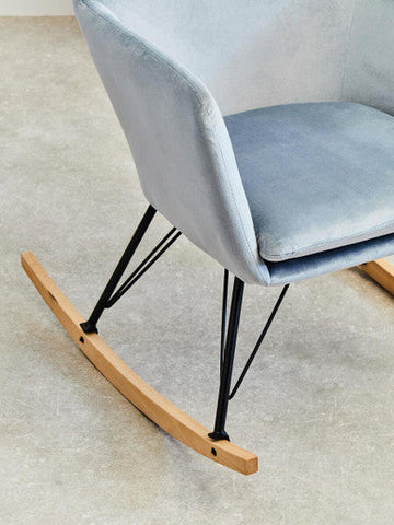 Stockholm blue velvet rocking chair with light blue velvet fabric black metal legs and wooden rocker base