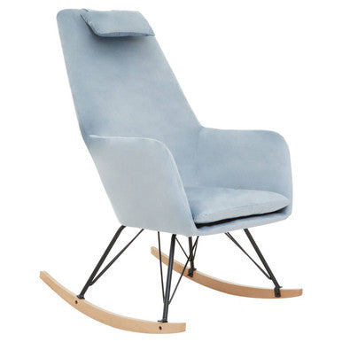 Stockholm blue velvet rocking chair with light blue velvet upholstery black metal frame and wooden rockers