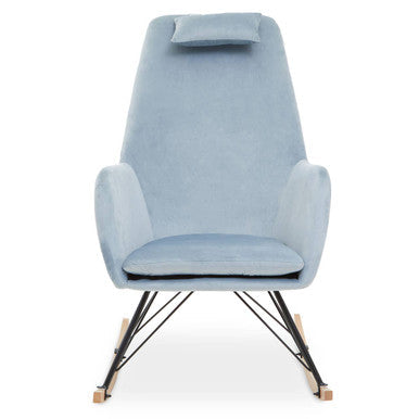 Light blue velvet rocking chair with matching cushioned headrest and black metal rockers for comfy seating