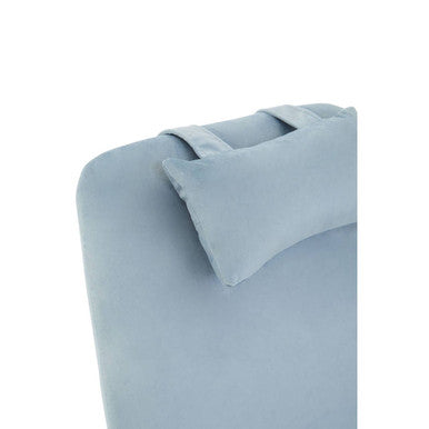 Light blue soft blue velvet pillow with adjustable straps for secure fit on stockholm blue velvet rocking chair
