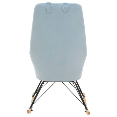 Stockholm blue velvet rocking chair with light blue velvet upholstery, black metal frame, and wooden rockers