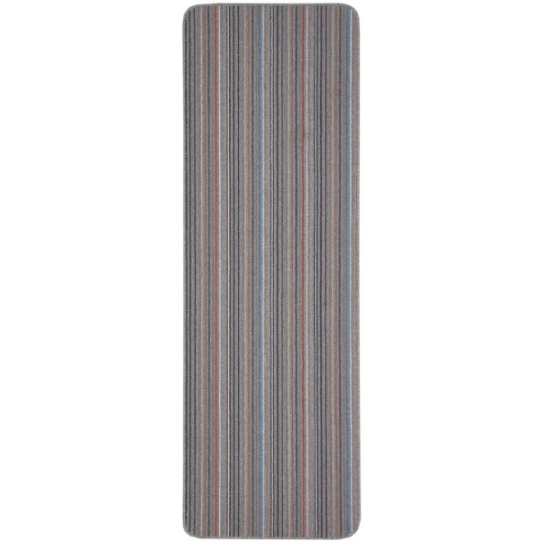 A stockholm grey clay washable mat with muted vertical stripes in grey blue and brown perfect for easy cleaning