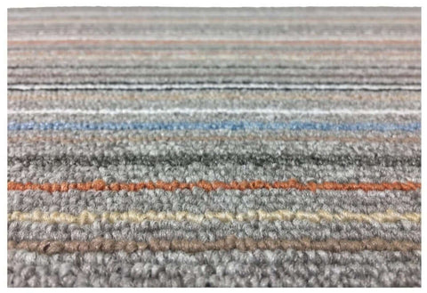 Stockholm grey clay washable mat with gray carpet and horizontal stripes in beige blue orange and brown muted tones