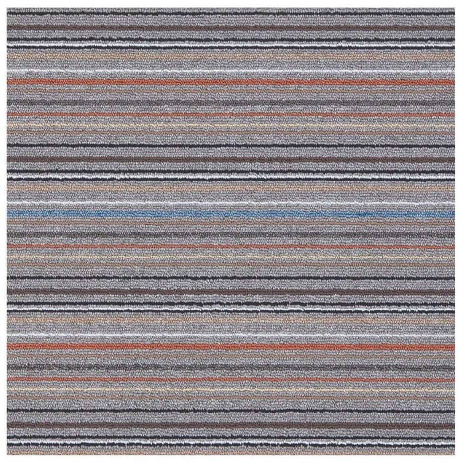 A stockholm grey clay washable mat with horizontal stripes in muted greys blacks earthy tones and subtle orange blue lines