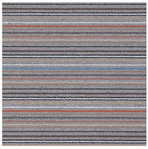 A stockholm grey clay washable mat with horizontal stripes in muted greys blacks earthy tones and subtle orange blue lines