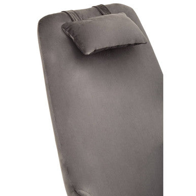 Gray velvet rocking chair with matching velvet bedspread pillow and elasticized straps for a cozy look