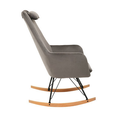 Stockholm grey velvet rocking chair with grey velvet upholstery black metal legs and light wood rocker base
