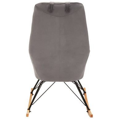 Gray upholstered velvet rocking chair with black metal frame and wooden rockers perfect for cozy seating
