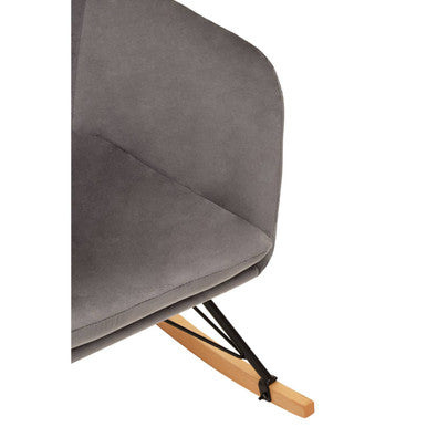 Stockholm grey velvet rocking chair with wooden rockers and black fabric straps for comfy seating