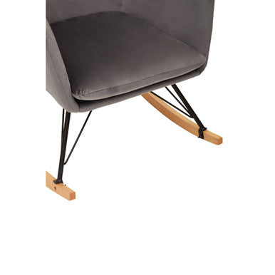 Stockholm grey velvet rocking chair with modern grey velvet upholstery and black metal legs with light wood rockers