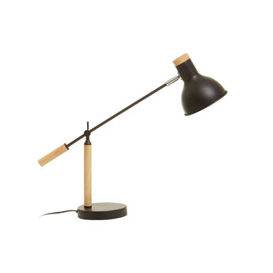 Black metal stockholm matte black table lamp with wooden handle base and adjustable arm for focused lighting