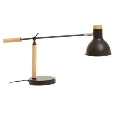 Black metal stockholm matte black table lamp with wooden handle base and adjustable arm for focused lighting
