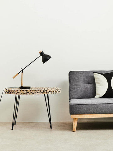 Stockholm matte black table lamp with curved wood arm and adjustable matte black head for desk use