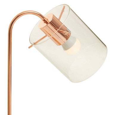 Stockholm shiny copper curved table lamp with copper finish, clear glass shade, and minimalist curved stem