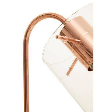 Stockholm shiny copper desk lamp with clear glass shade and sleek shiny copper curved arm for stylish lighting