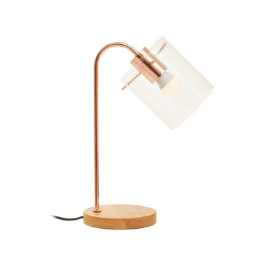 Copper curved table lamp with shiny copper finish, frosted glass shade, and wooden base for stylish desk lighting