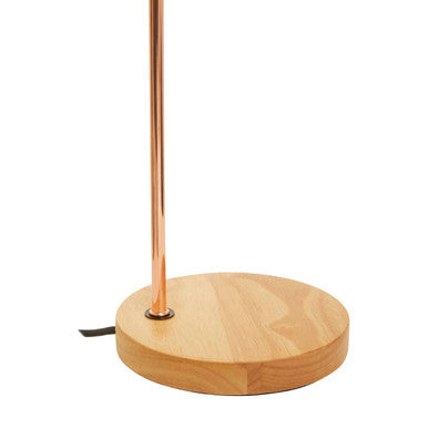 Stockholm shiny copper curved table lamp with copper finished metal pole and round light wooden base