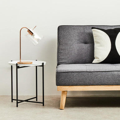 Modern minimalist stockholm shiny copper curved table lamp with brass base and clear glass shade for stylish lighting