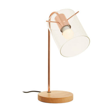 Stockholm shiny copper curved desk lamp with clear glass shade and wooden base perfect for stylish lighting