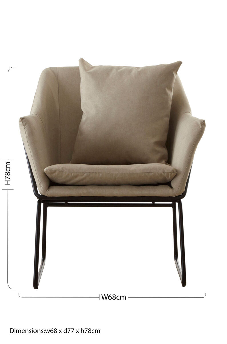 Beige upholstered stockholm stone armchair with black metal frame and cushioned seat and backrest