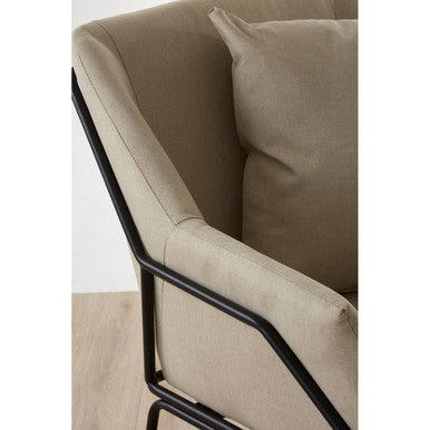 Beige upholstered stockholm stone armchair with sleek black metal frame perfect for modern seating